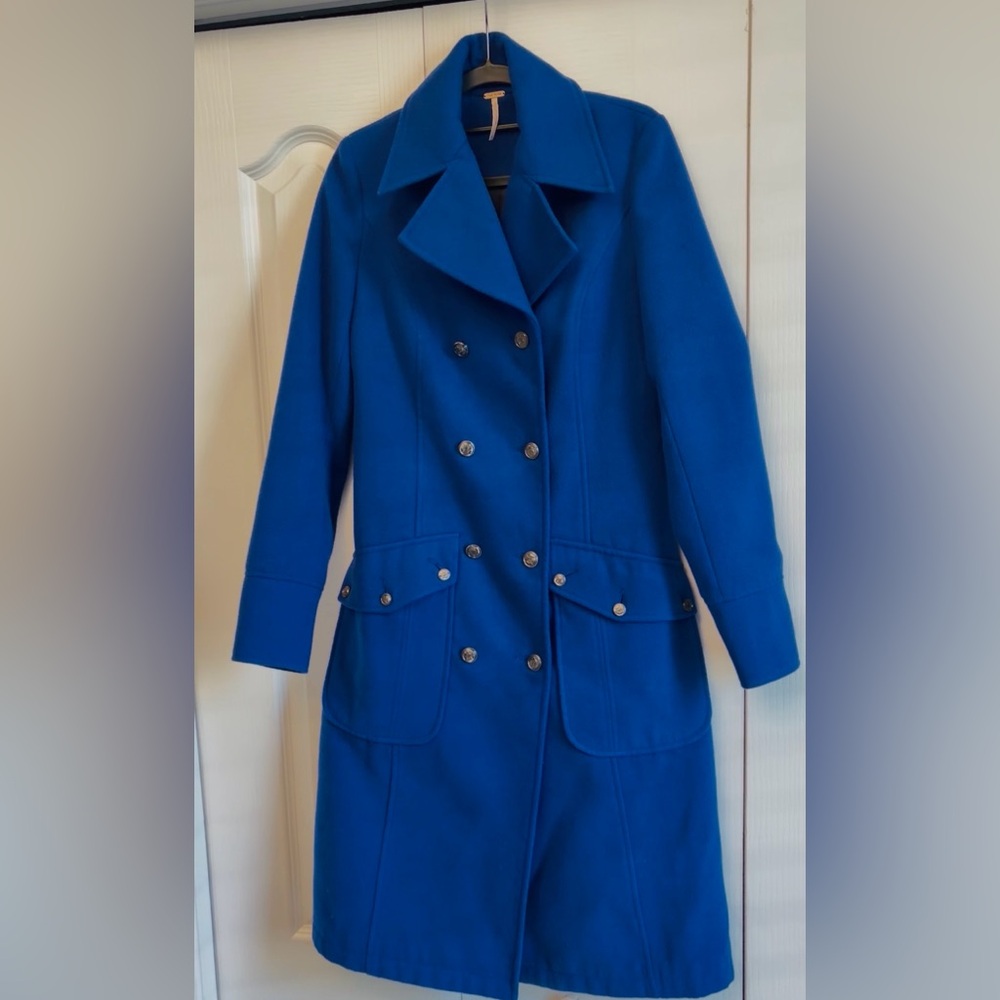 Free People Double-Breasted Royal Blue Pea Coat